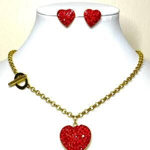 New Heart Necklace Earrings Red Pave Rhinestone Jewelry Set in Gold Tone AU24